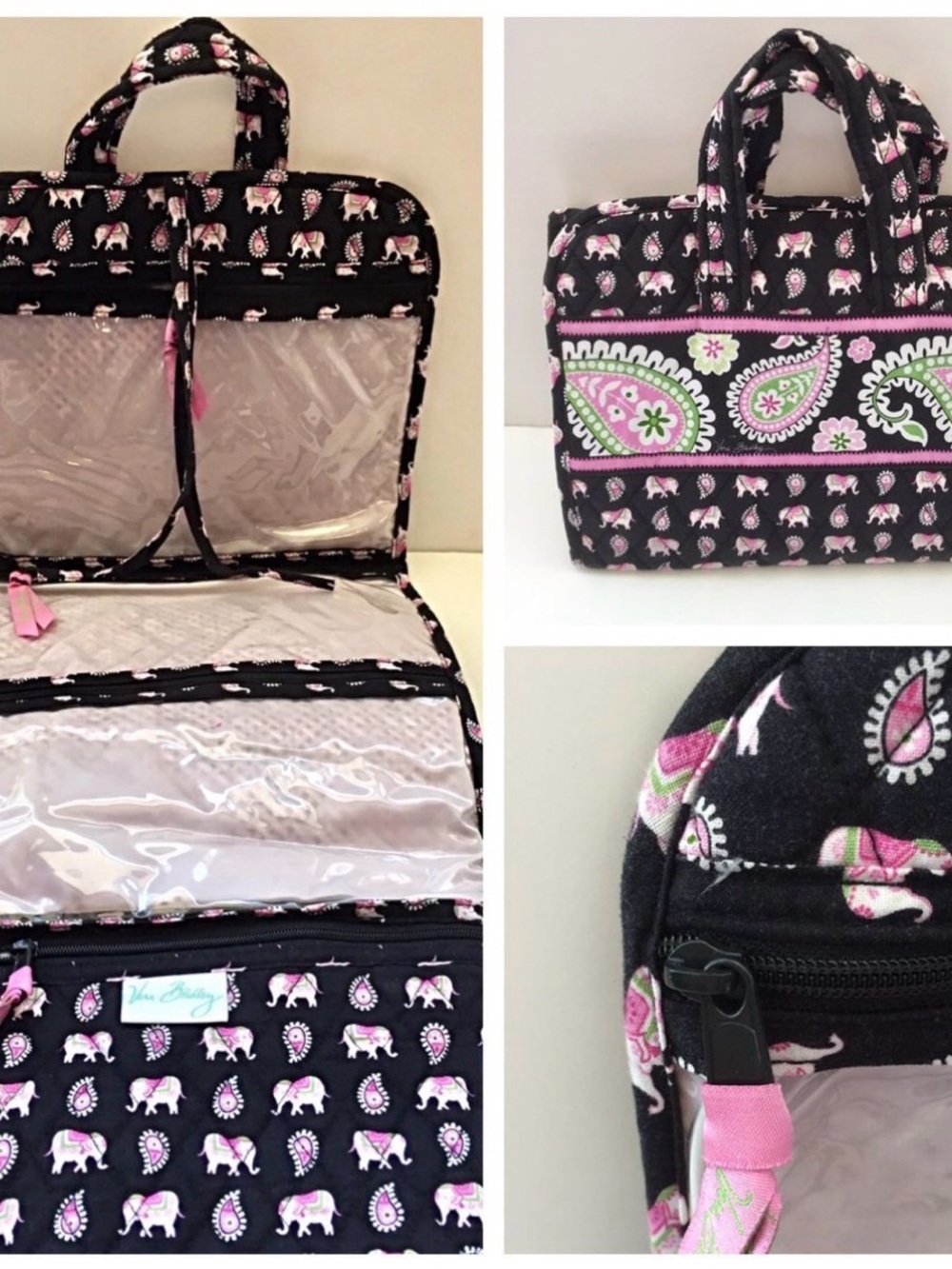 NWT Vera Bradley Black Quilted Hanging organizer in Pink Elephants